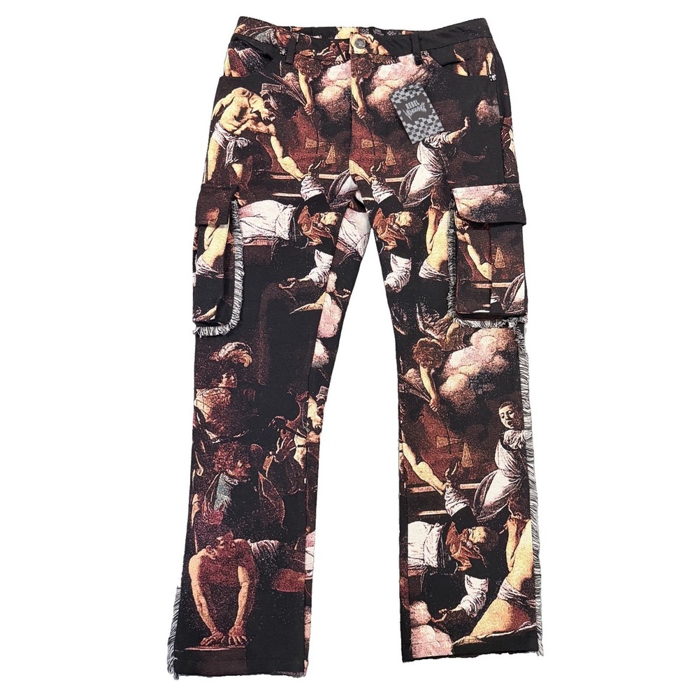 Rebel Vengeance Tapestry Cargo Pants Renaissance Art Frayed Fringe Mens 36 NWT